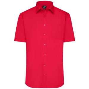 A red short-sleeved button-up shirt featuring a pocket and a logo on the label.