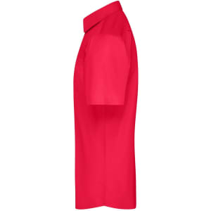 A short-sleeved button-up shirt in vibrant red with a collar and a logo on the chest.