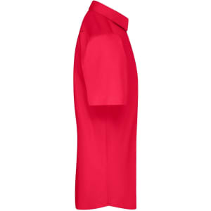 A red short-sleeved button-up shirt, featuring a collar and a sleek, simple design. It has a logo on the fabric.