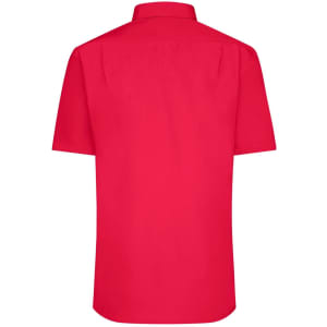 A red short-sleeve button-up shirt with a plain design and a collar, featuring a logo.