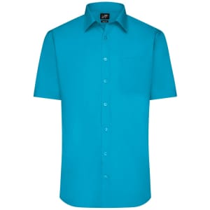 A short-sleeved button-up shirt in a bright turquoise colour with a single chest pocket and a logo.