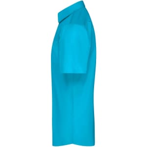 A short-sleeved button-up shirt in a vibrant turquoise colour, featuring a classic collar and a branded logo.