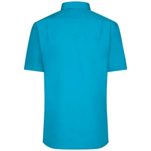 A short-sleeved poplin shirt in vibrant turquoise, featuring a standard collar and a smooth finish.