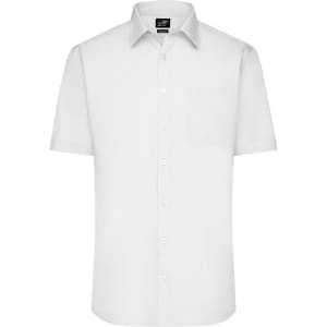 A white short-sleeved button-up shirt with a single chest pocket and a logo on the label.