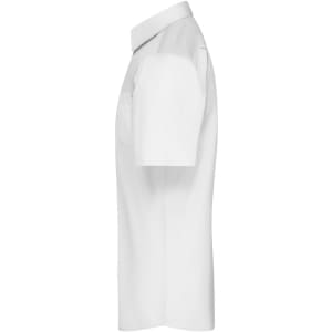 A short-sleeved men's shirt in white with a button-up collar and a logo on the side.