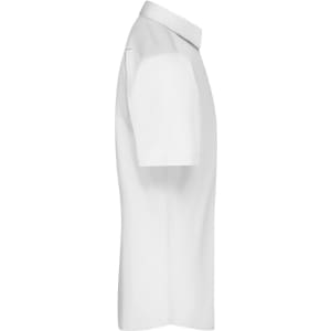 A white short-sleeve button-up shirt with a collar and branding on the design.