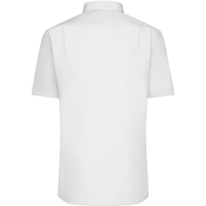 A short-sleeved white button-up shirt with a plain back design and a collar, featuring a logo.
