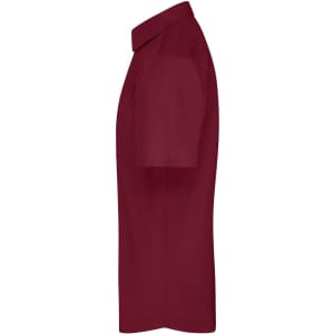 A burgundy short-sleeve button-up shirt with a classic collar and a logo.