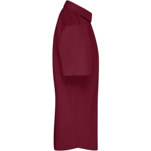 A maroon men's short-sleeve button-up shirt featuring a collar and a plain design. It has a logo on it.