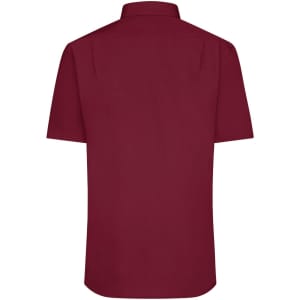 A burgundy short-sleeve button-up shirt with a collar, featuring a logo on the back.