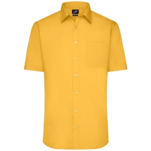 A short-sleeve, button-up shirt in a vibrant yellow colour, featuring a chest pocket and a brand logo.
