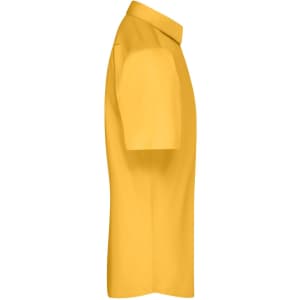 A short-sleeved, button-up shirt in a vibrant yellow colour, featuring a collar and a logo.