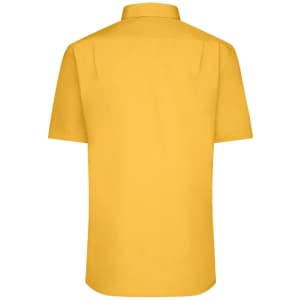 A short-sleeved poplin men's shirt in a vibrant yellow colour, featuring a collar and a logo at the back.