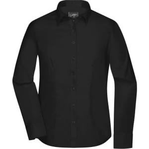 A black button-up shirt with long sleeves and a traditional collar. The shirt features a logo on the chest.