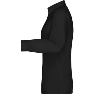 A black button-up shirt with long sleeves and a collar, featuring a logo on the side.