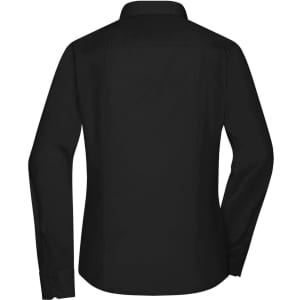 A black women's button-up shirt featuring long sleeves and a collar, with a visible logo on the back.