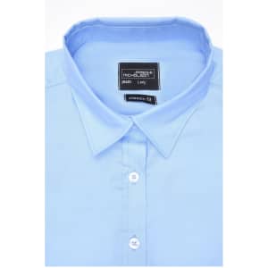 A light blue button-up shirt with a classic fit and a collar, featuring a branded label inside.