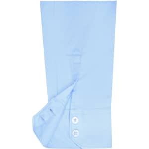 A light blue button-up shirt with a cuff featuring two buttons and a logo.