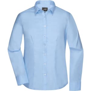 A light blue button-up shirt for women, featuring a collar and long sleeves. It has a logo on the label.