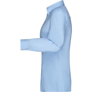 A light blue button-up ladies' shirt made from micro-twill fabric, featuring long sleeves and a classic collar.