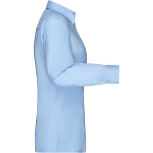 A light blue button-up shirt with long sleeves and a collar, featuring a logo on the fabric.