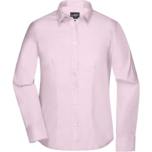 A light pink button-up shirt with long sleeves and a collar, featuring a branding logo.