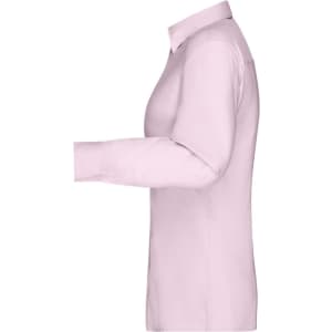 A pink ladies button-up shirt with long sleeves, featuring a collar and a fitted design. It has a logo on it.
