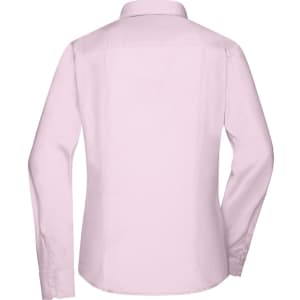A light pink women's button-up shirt with long sleeves and a collar, featuring a plain back design.