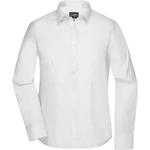 A white button-up ladies shirt with long sleeves and a collar, featuring a logo.