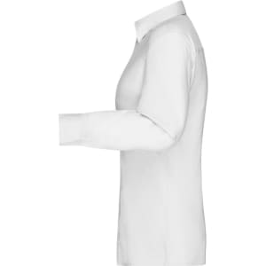 A white ladies button-up shirt with long sleeves, featuring a collared neckline and a fitted silhouette.