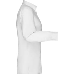 A white button-up shirt for women with long sleeves and a collar, featuring a logo on the fabric.