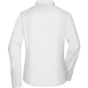 A white button-up shirt with long sleeves and a collar, featuring a plain back design and a small logo.