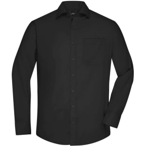 A black long-sleeve button-up shirt with a chest pocket and a logo.