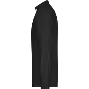 A black long-sleeve button-up shirt displayed from the side, featuring a collar and a branded label.