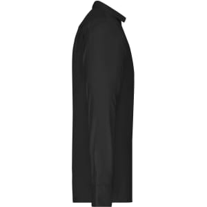 A black long-sleeve button-up shirt in a side view, featuring a collar and a fitted design.