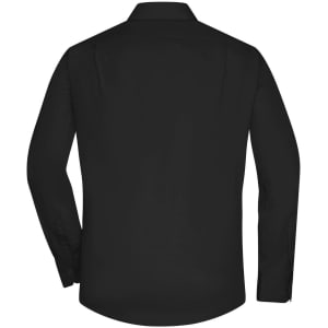 A black long-sleeve button-up shirt made of micro-twill fabric, featuring a back view and a logo.