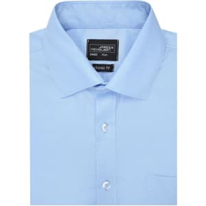 A light blue button-up shirt with a classic fit, featuring a collar and a chest pocket. It has a logo label.