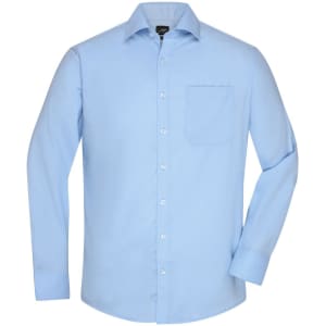 Light blue long-sleeve button-up shirt featuring a front pocket and a logo on the label.