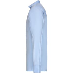 A light blue long-sleeve button-up shirt with a collar, featuring a side view and logo detail.