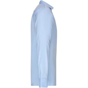 A light blue long-sleeve button-up shirt displayed from the side, featuring a collar and a logo.