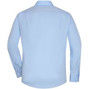 A light blue button-up shirt with long sleeves and a collar, featuring a logo on the back.