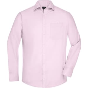 A light pink button-up shirt with a single chest pocket and long sleeves, featuring a logo.