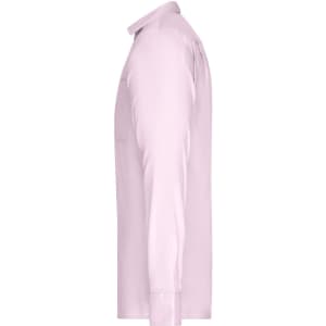 A light pink long-sleeve button-up shirt with a side view showcasing its fit and collar.