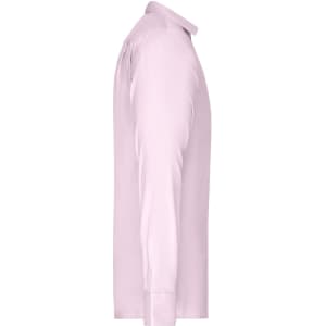 A light pink long-sleeve button-up shirt is displayed, featuring a collar and cuffs. It has a logo on the side.