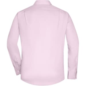 A pink long-sleeved button-up shirt with a back yoke and cuffed sleeves, featuring a logo.