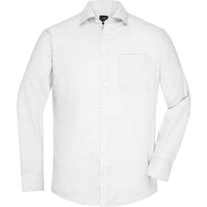 A white long-sleeve button-up shirt with a pocket and a logo. Suitable for casual or formal wear.