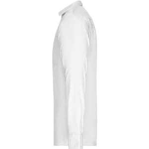 A white long-sleeve button-up shirt with a collar and a logo on the chest pocket.