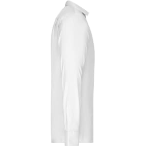 A white long-sleeve button-up shirt with a sleek design and branding on the collar.