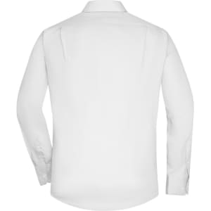 A white long-sleeve micro-twill button-up shirt with a sleek back design. Features a collar and button detail.