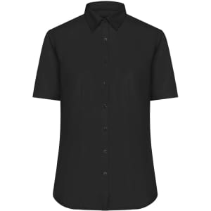 A black button-up shirt with short sleeves and a collar, featuring a subtle texture and a branding logo.